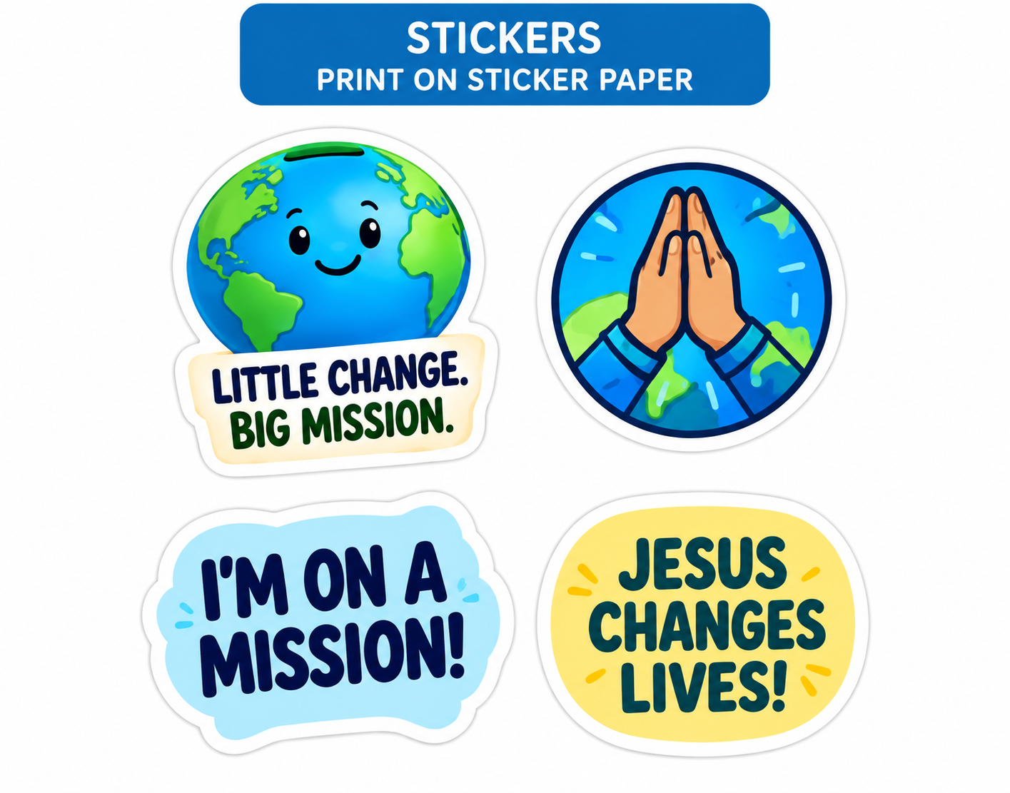 Four selected Globy stickers: Little Change. Big Mission., praying hands, I’m on a Mission, and Jesus Changes Lives